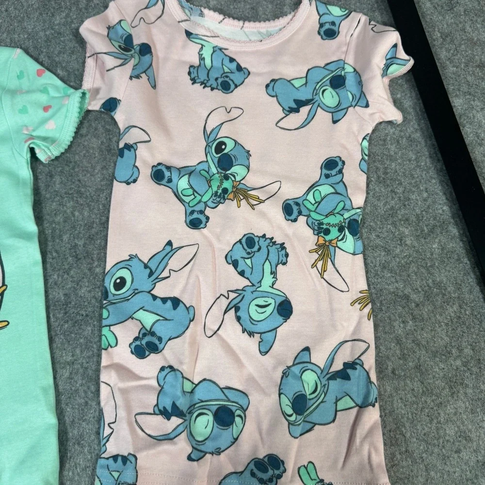 Disney Stitch Girls 4 Piece Pajama Set Mint Green Pink Hearts Size 6 Cotton